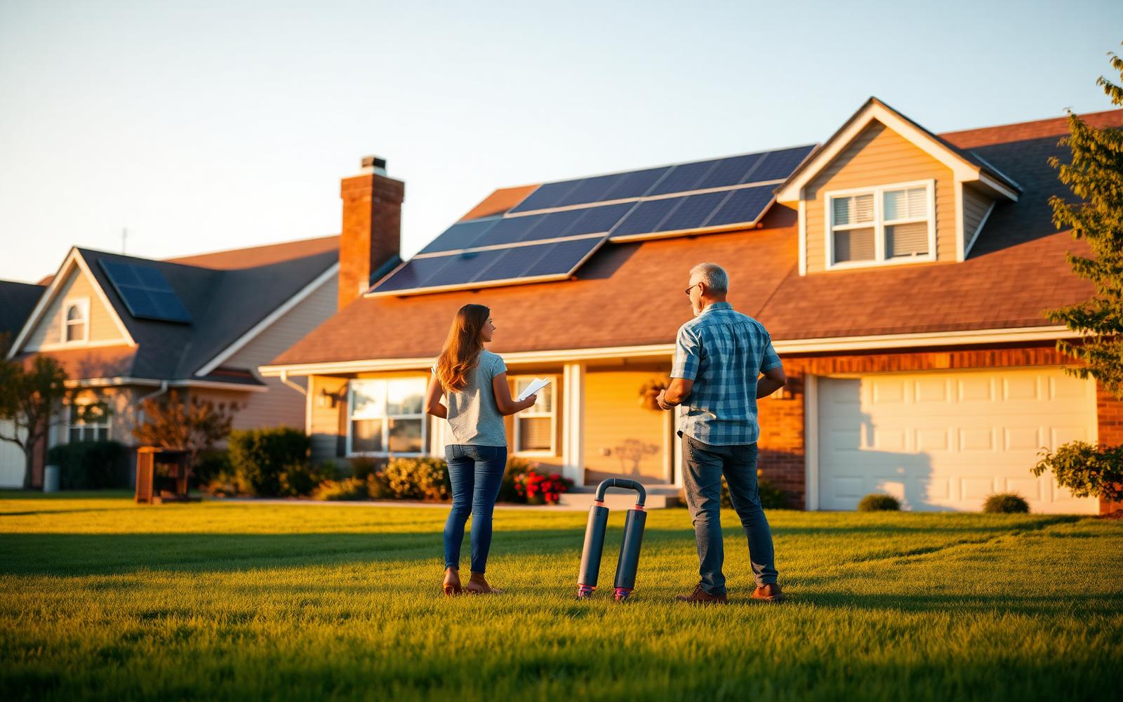Homeowners standing outside their house with solar panels on the roof